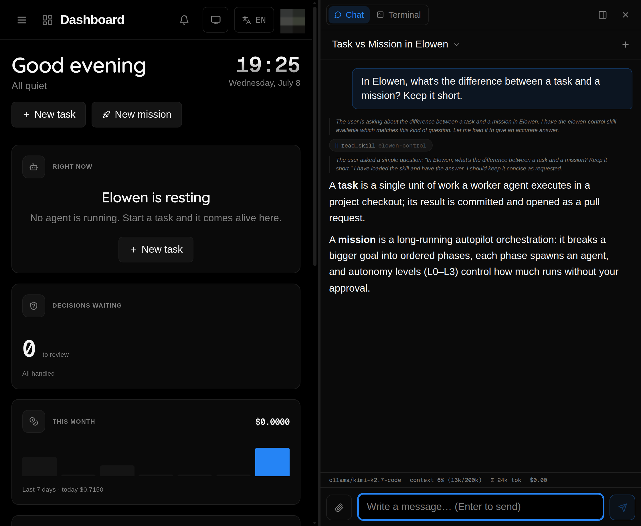 The Elowen brain chat showing a conversation with tool-call traces