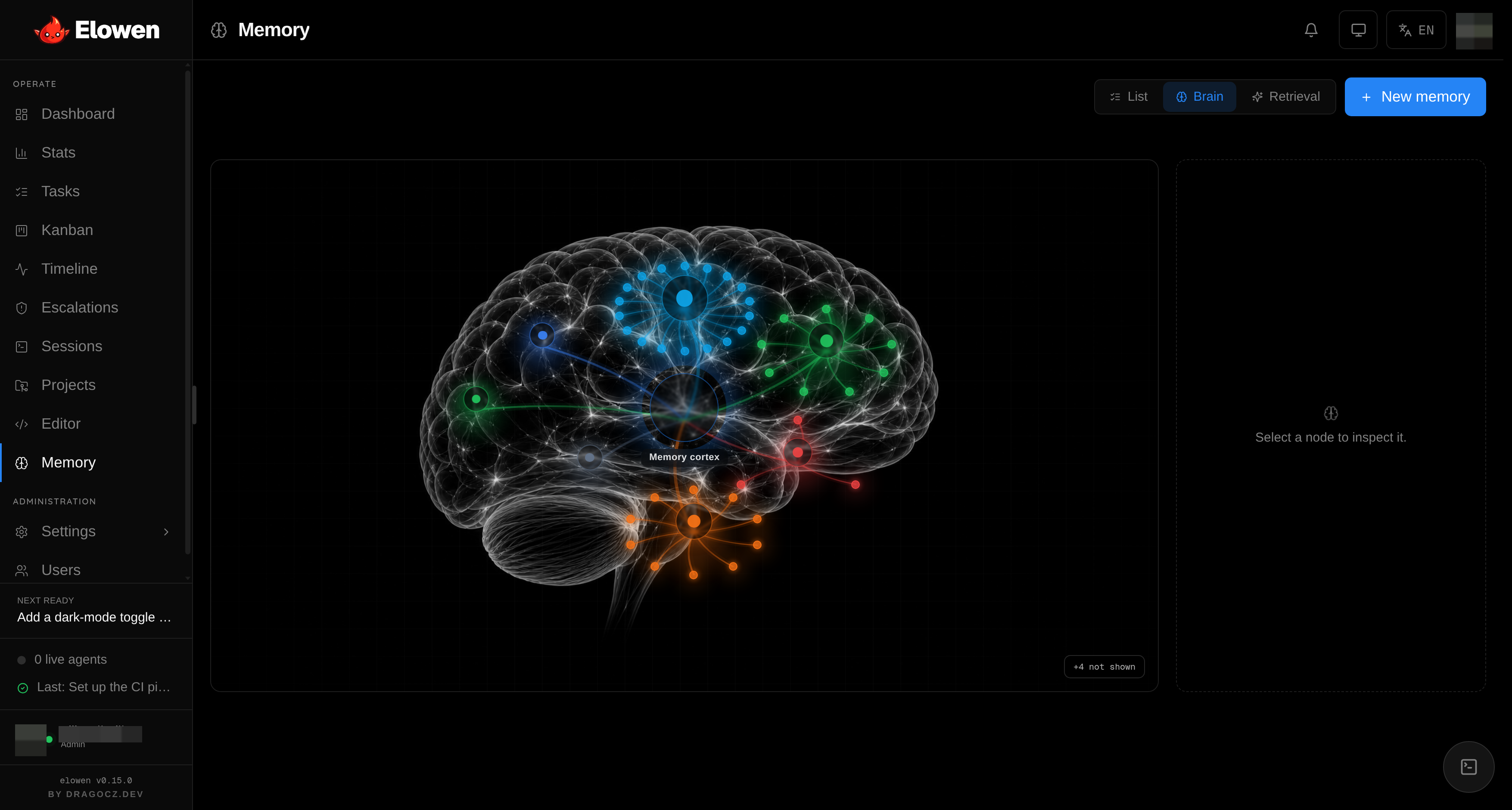 The Memory module showing a glass-brain map of stored memories
