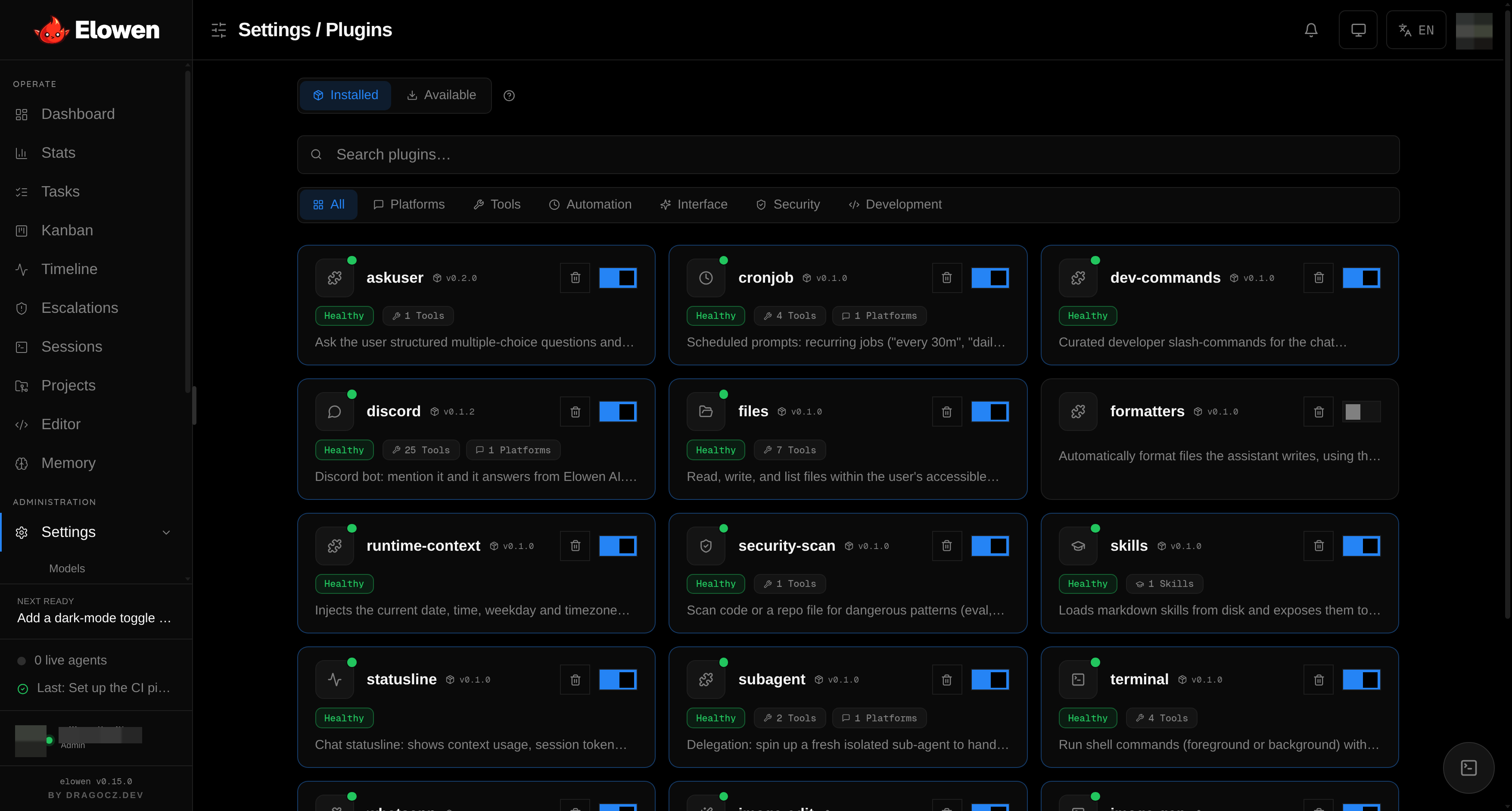 The Plugins settings screen showing installed plugins grouped by category