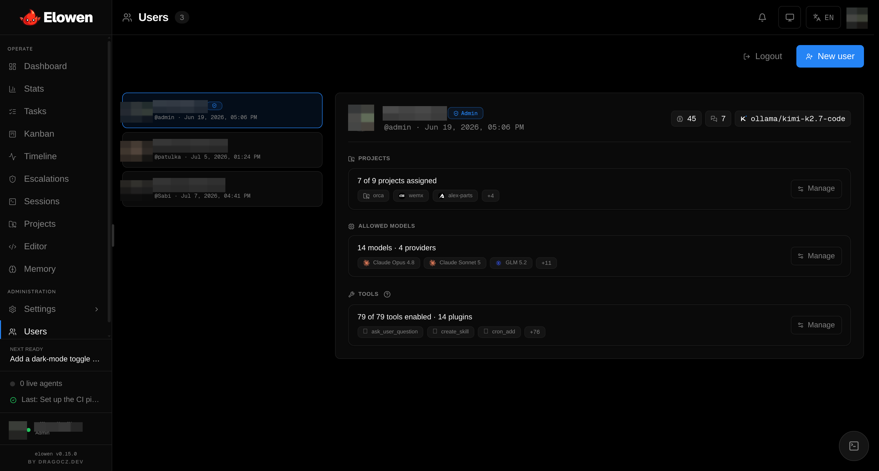 The Users module — per-user tool and project grants