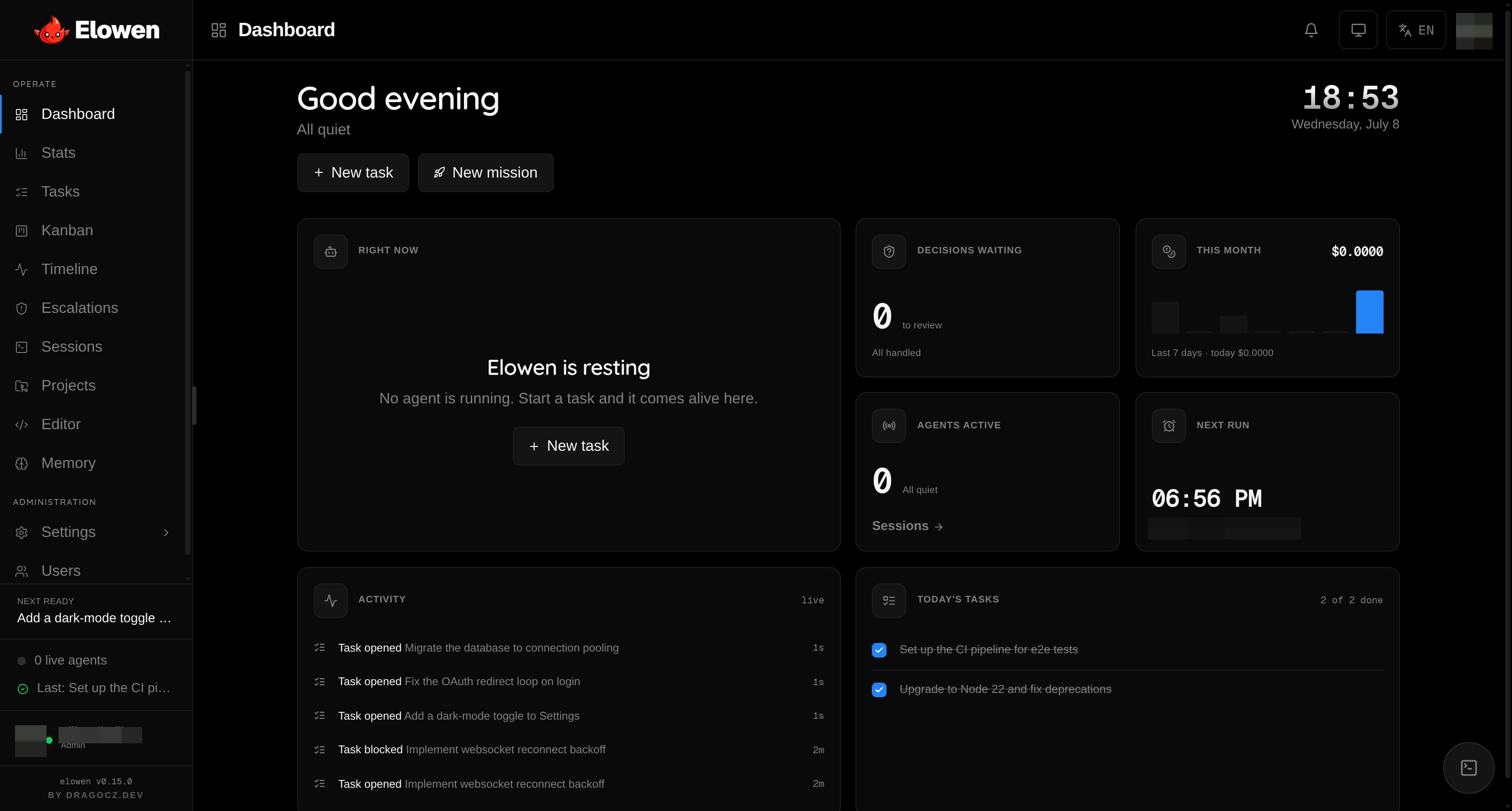 Elowen Dashboard — The primary agent, live — what it’s doing right now, spend, decisions and today’s tasks.