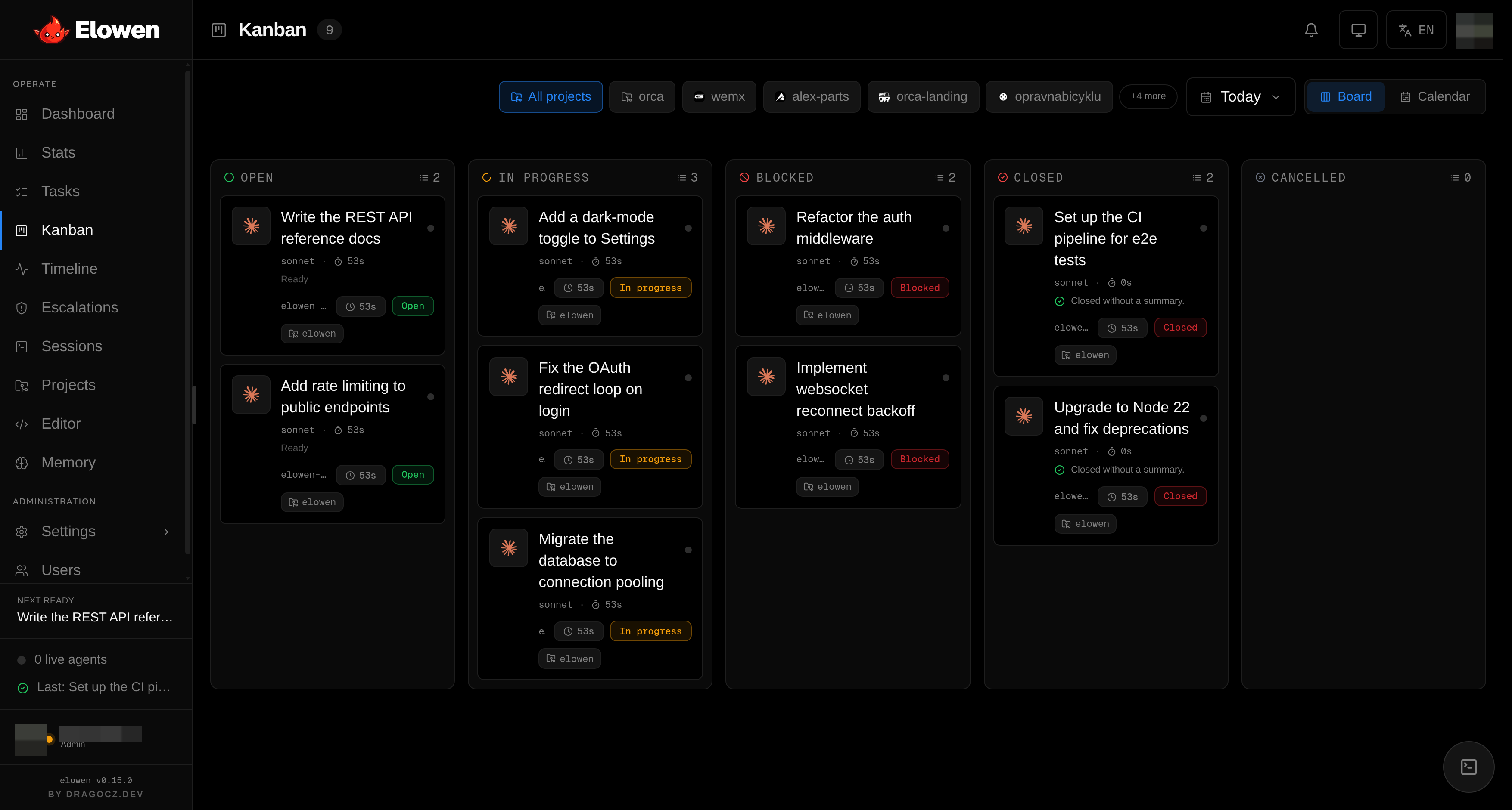 Elowen Kanban — Open, in-progress, blocked and closed — mission progress at a board’s glance.
