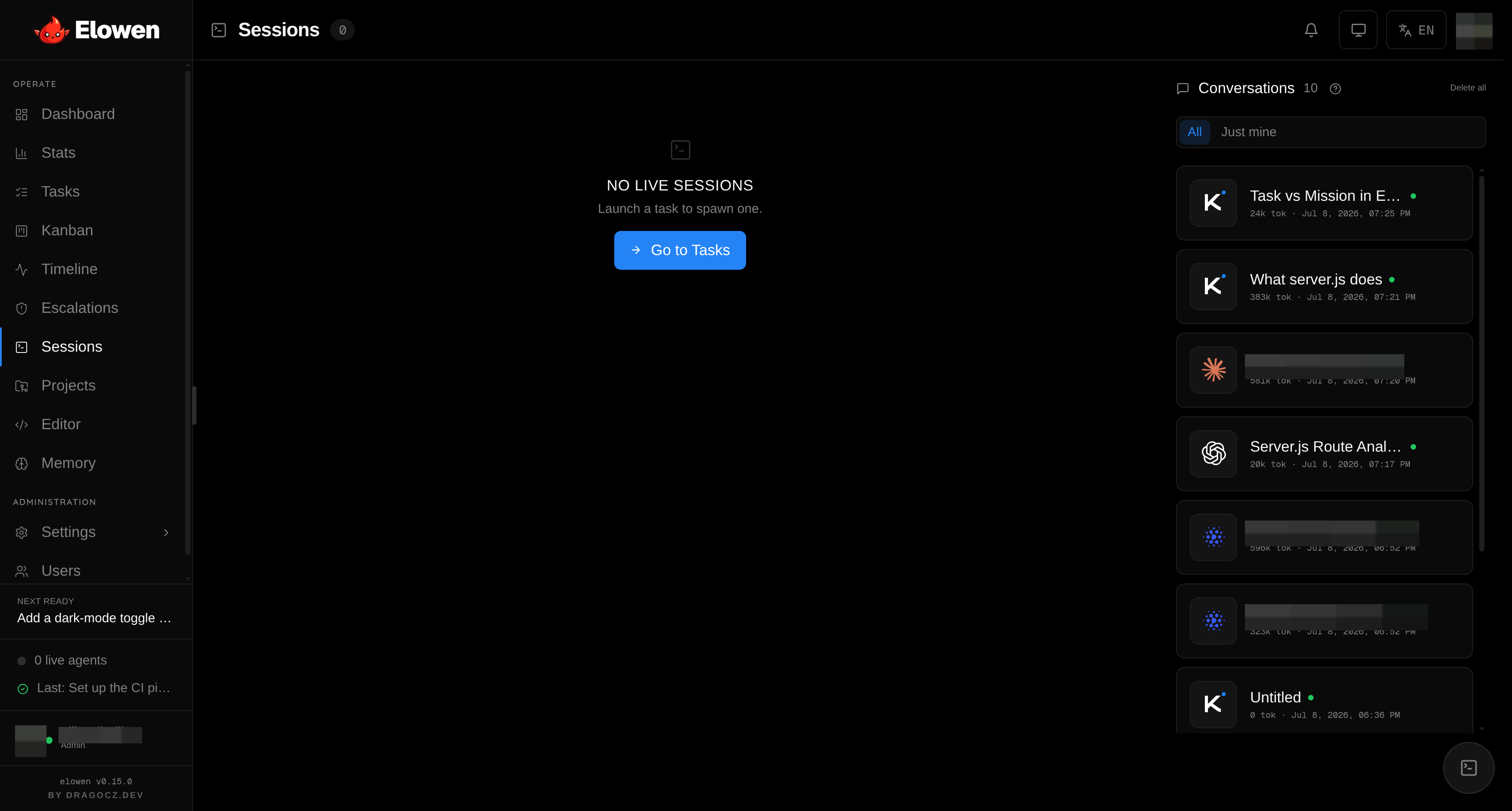 Elowen Live sessions — Real tmux panes streamed to the browser — jump in and intervene with one click.