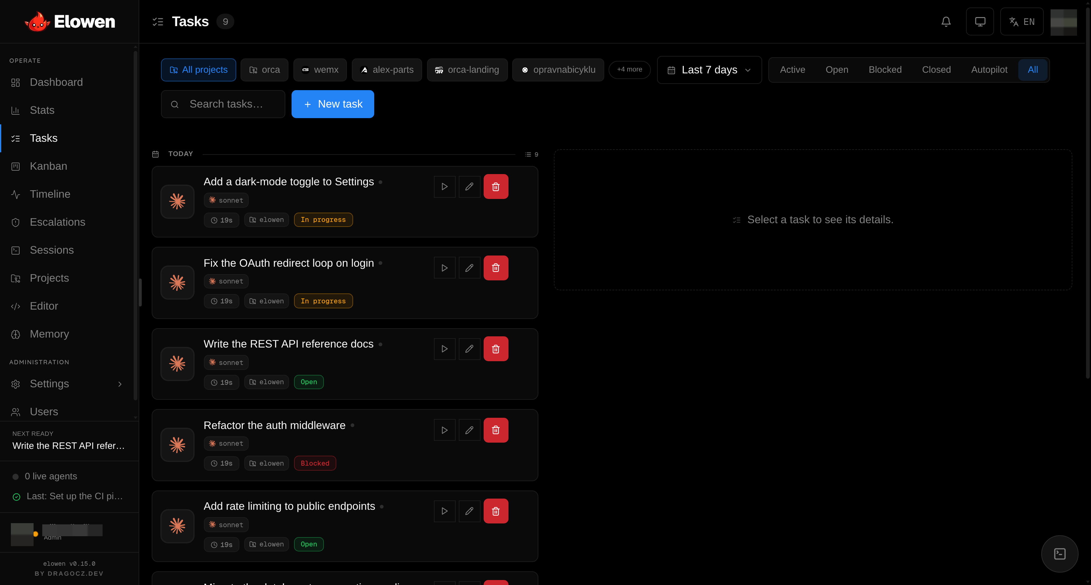 Elowen Tasks & missions — Break a goal into ordered phases; watch each task run with live output and token cost.